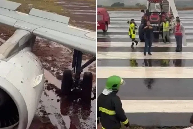 Avião com 151 pessoas sai da pista durante pouso e atola na lama