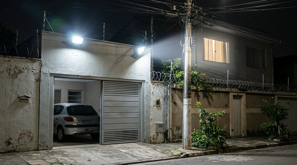 Vizinho instala refletores potentes para iluminar a entrada da garagem e família percebe que a claridade atravessa as cortinas dos quartos durante toda a noite