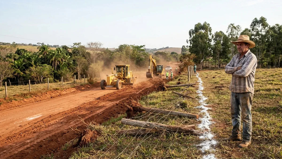 Produtor autoriza manutenção de uma estrada rural e encontra a cerca recuada para abrir passagem mais larga aos caminhões de outra fazenda