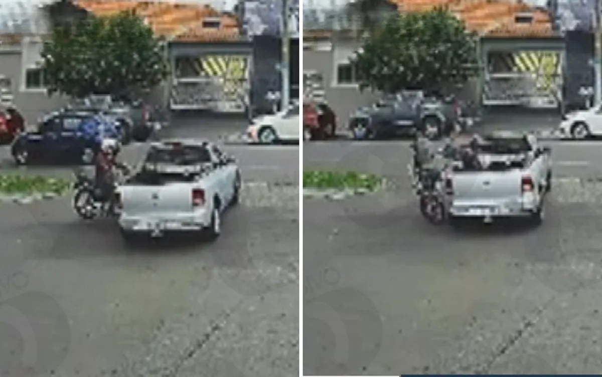 VÍDEO: Motociclista é levado por carroceria de pick-up após bater em carro que cruzou avenida