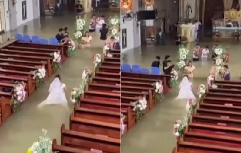 Noivos se casam em igreja totalmente alagada nas Filipinas