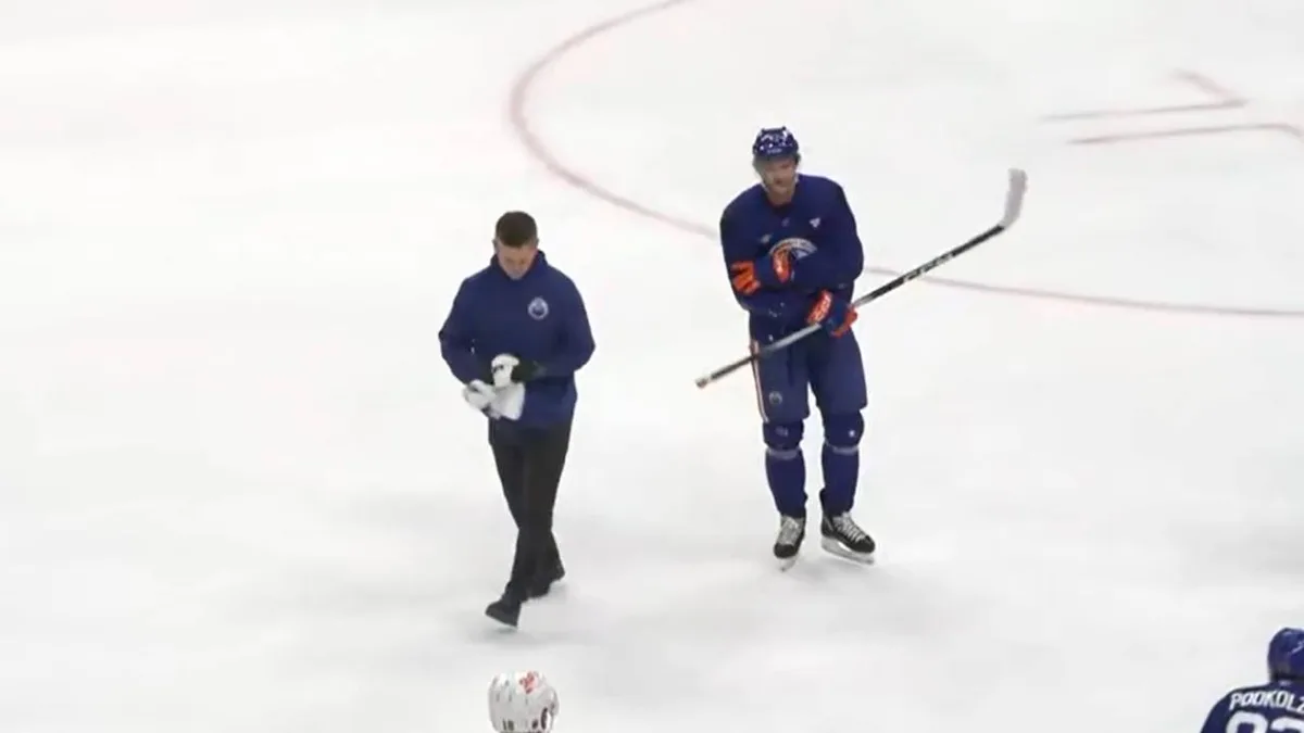 McDavid slow to get up after going hard into the net at Oilers’ practice