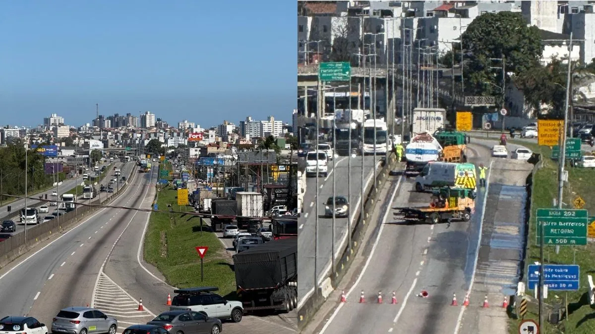 Colisão entre caminhões trava a BR-101 no sentido Sul e deixa vítima presa às ferragens; trânsito é desviado para a marginal em SC
