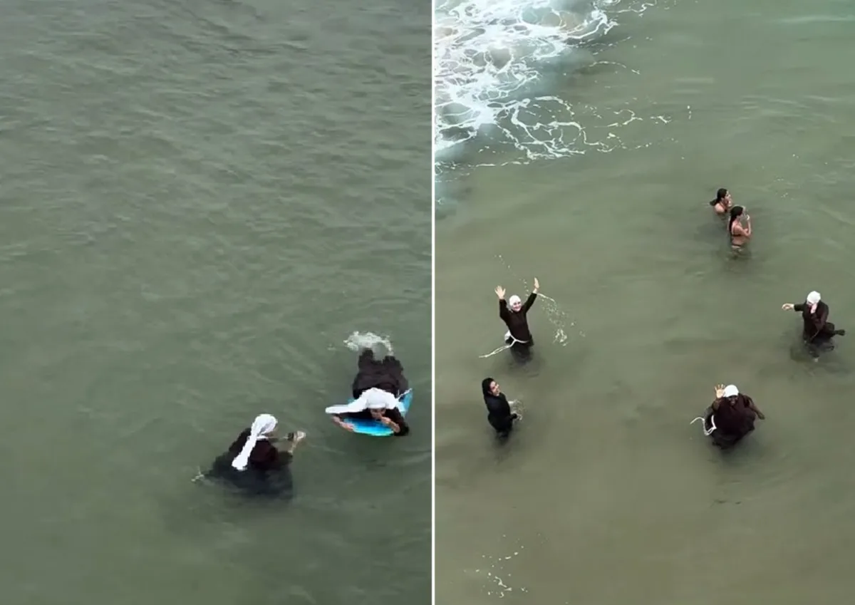 Cena de freiras pegando onda chama atenção em praia de Búzios; VÍDEO