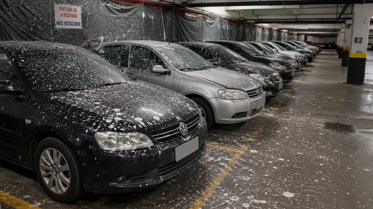 Pintura da fachada espalha respingos sobre 22 carros e condomínio afirma que moradores foram avisados para retirar os veículos