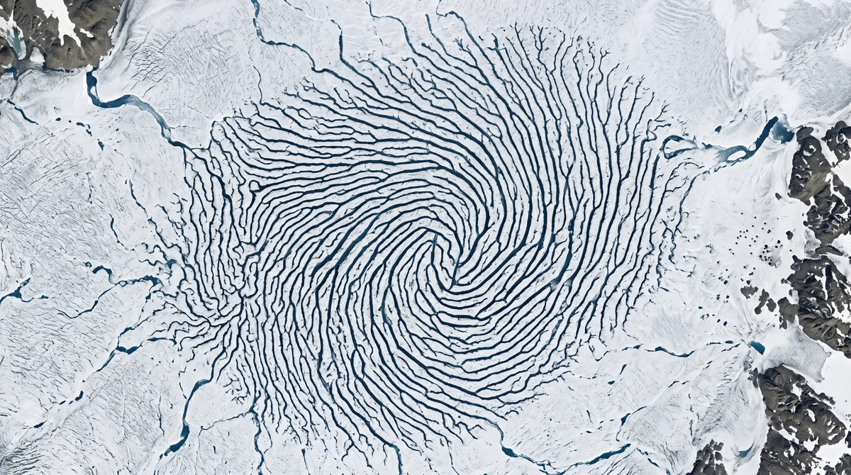 Uma camada de neve sumiu e revelou no Canadá um desenho de canais de água que parece uma impressão digital gigantesca vista do espaço
