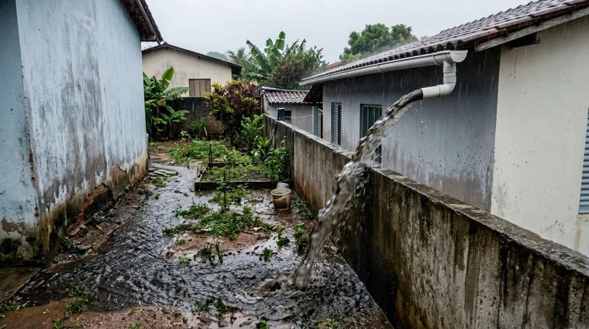 Homem passa uma semana fora de casa, ao retornar descobre que vizinho instalou calha despejando água da chuva em seu quintal e exige mudança da obra após aparecerem infiltrações