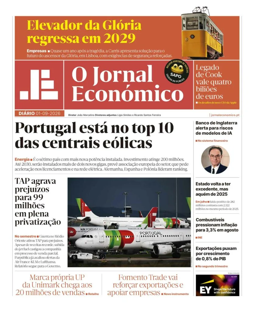 A primeira página do Jornal Económico de 1 de setembro