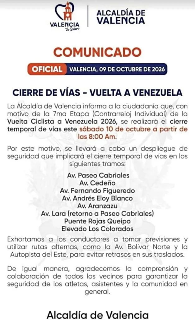 Este sábado cierran vías en Valencia por la vuelta ciclística a Venezuela