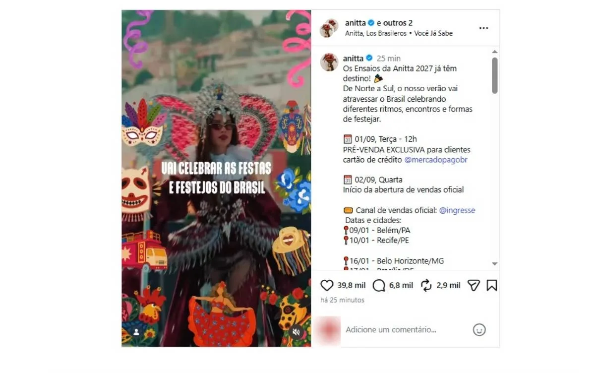 Após confirmar ensaio de verão em Salvador em 2027, Anitta divulga cidades onde evento vai acontecer sem capital baiana na lista