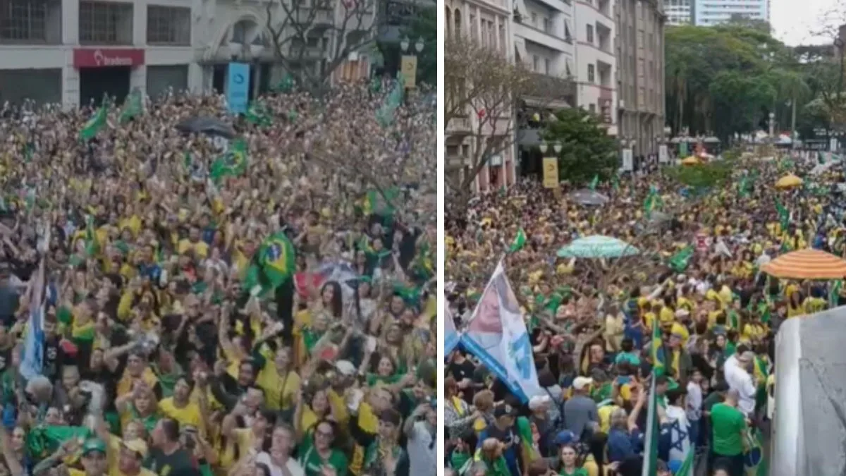Multidão toma ruas de Curitiba em ato de apoio a Flávio Bolsonaro com presença de Sérgio Moro, Jorginho Mello e Zucco