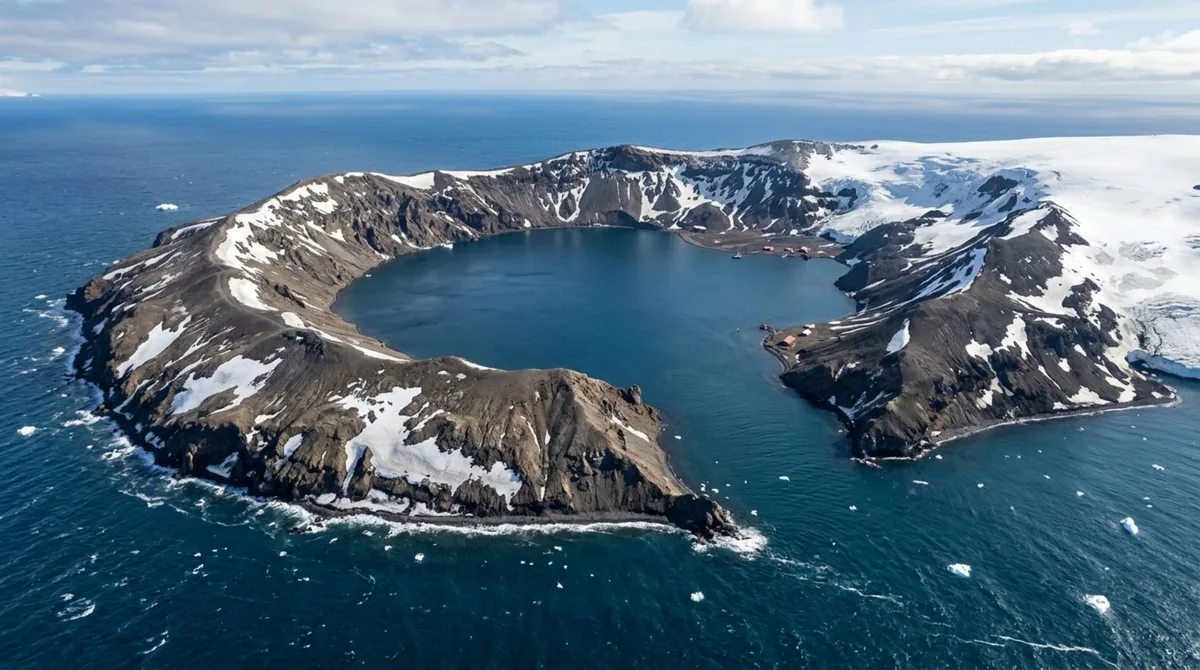 Uma ilha vulcânica nas Shetland do Sul guarda uma cratera onde o mar entrou e criou uma lagoa cercada por paredões quase verticais