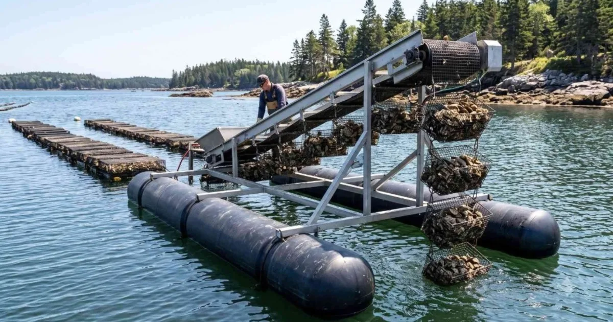 Una granja creó un “ascensor” que funciona con energía solar para cultivar hasta 125.000 ostras al año con menos trabajo: una cinta transportadora flotante las lleva al sol para limpiarlas