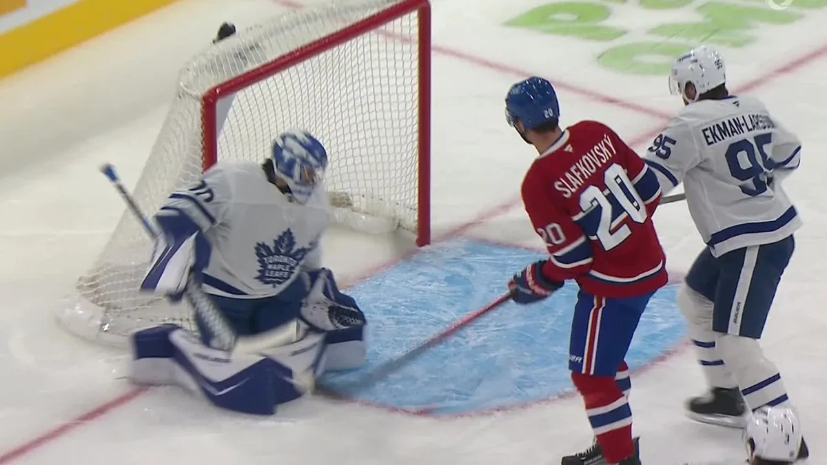 Slafkovsky tips home point shot to open scoring against Maple Leafs