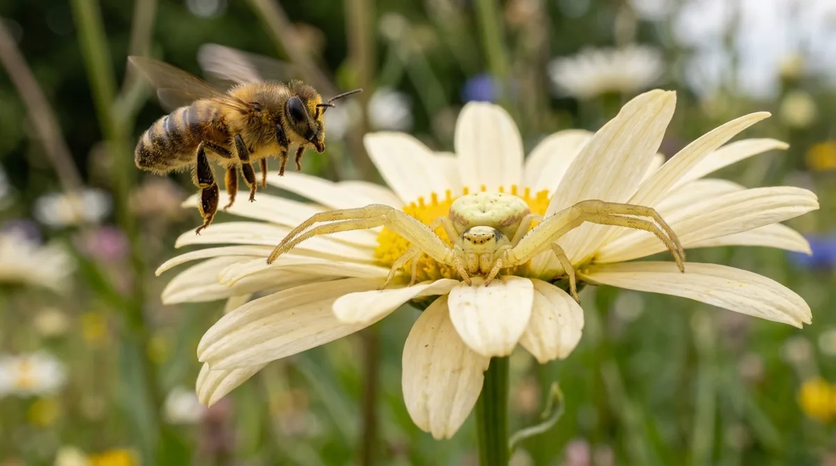 A aranha branca que muda para amarelo em até 20 dias e espera abelhas escondida entre as flores