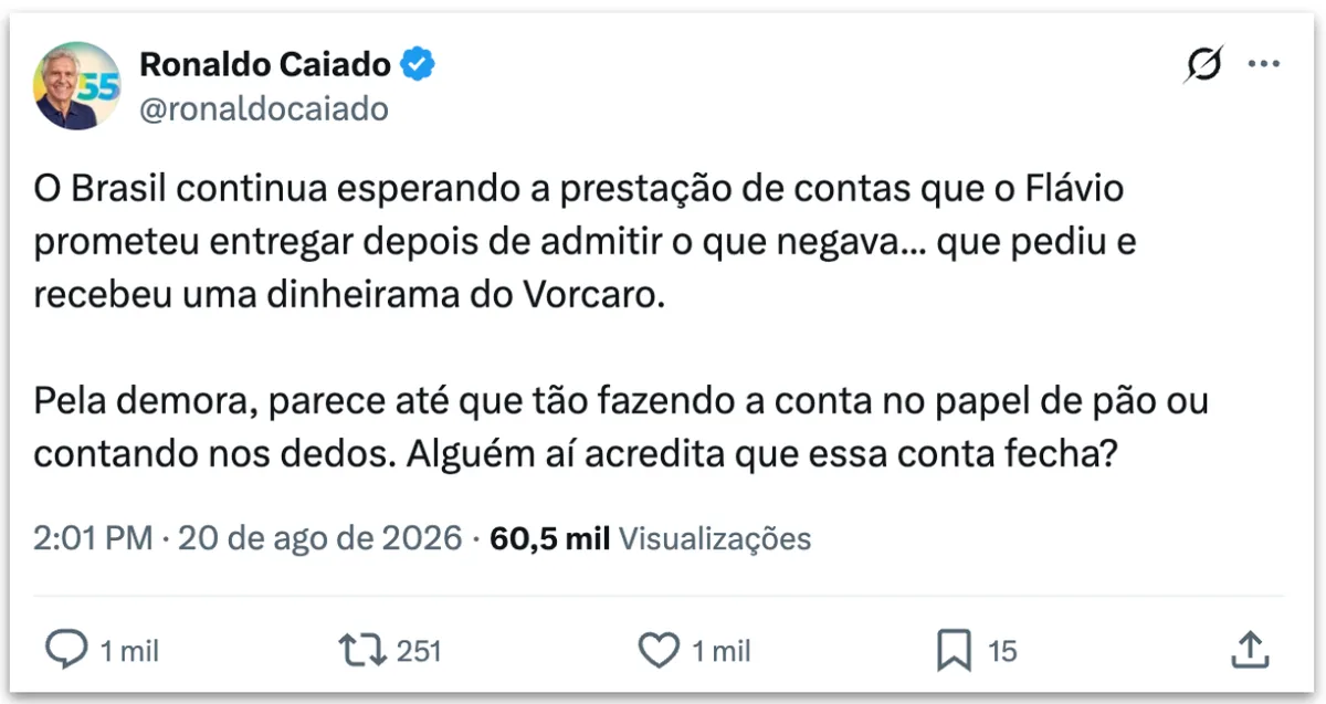 Caiado ironiza Flávio por não divulgar contas de “Dark Horse”