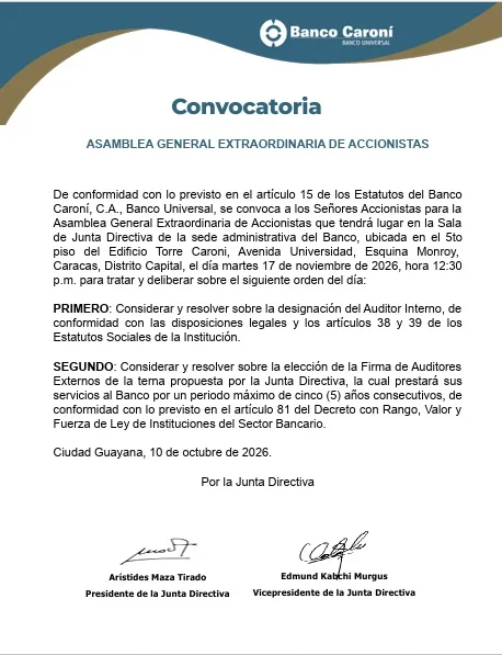 Convocatoria asamblea general extraordinaria de accionistas Banco Caroni