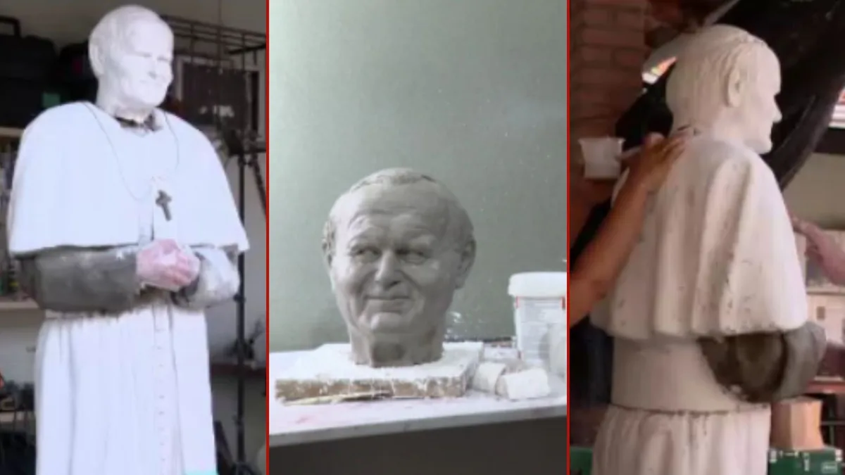 Artista usa mais de 300 fotos para criar escultura em tamanho real do papa em Cuiabá