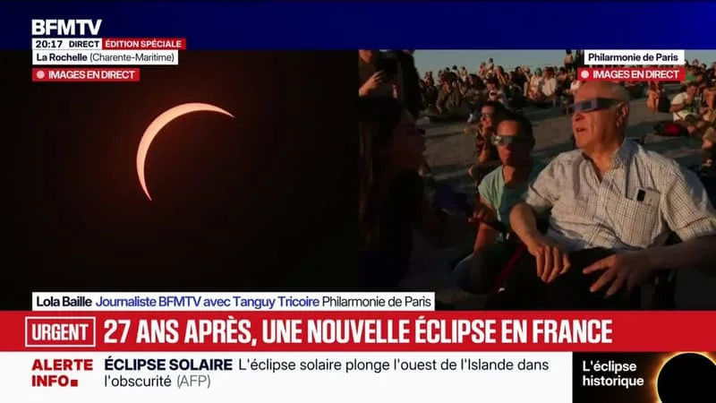 "C'est fabuleux": de nombreux spectateurs présents sur le toit de la Philharmonie de Paris pour admirer l'éclipse