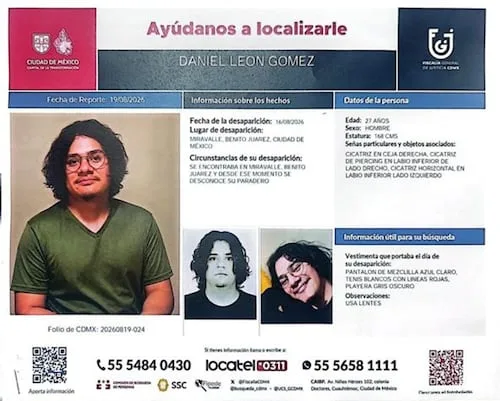 Emiten ficha de búsqueda para localizar a Daniel León Gómez; joven desapareció en la Benito Juárez