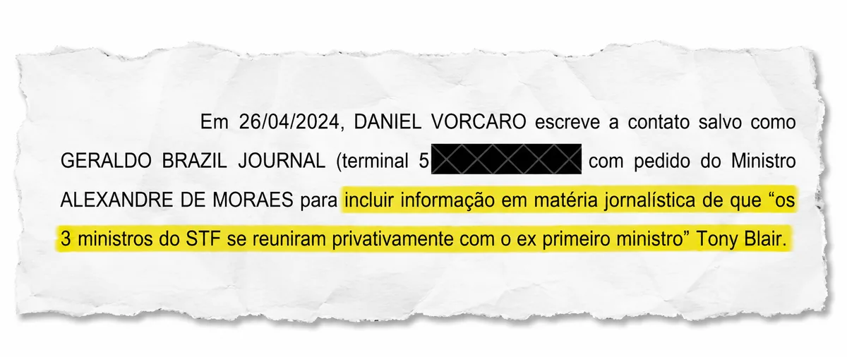 Vorcaro diz que Moraes pediu menção a encontro com Blair em reportagem