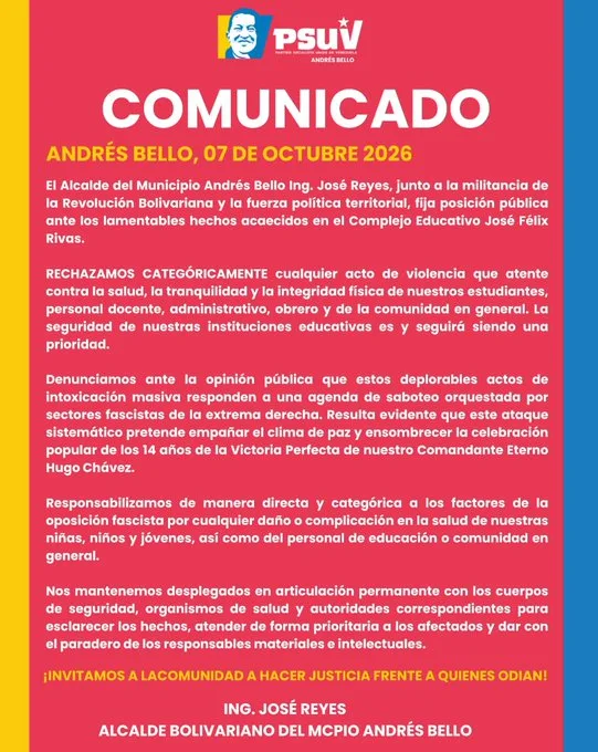 Alcalde de Andrés Bello denuncia «sabotaje» tras intoxicación masiva en el Complejo Educativo José Félix Rivas