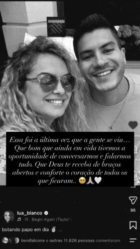 Arthur Aguiar se pronuncia e revela último encontro com Lua Blanco, após ser informado de morte da ex em live; elenco de “Rebelde” presta tributo Arthur Aguiar lamenta morte de Lua Blanco e relembra último encontro com a atriz; veja outras homenagens (Foto: Reprodução/ Instagram)