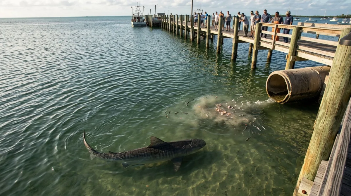 Depois de notar um tubarão-tigre circulando o mesmo ponto do cais durante cinco tardes, marinheiro interrompe a limpeza dos peixes na água, até descobrir uma tubulação que carregava resíduos diretamente para aquele trecho