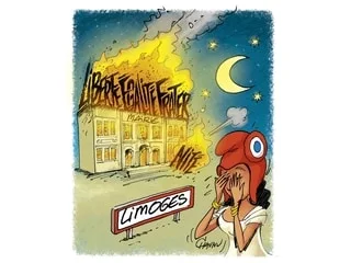 Le dessin de Chaunu : les violences du 17 octobre et la mairie de Limoges en partie détruite par un incendie