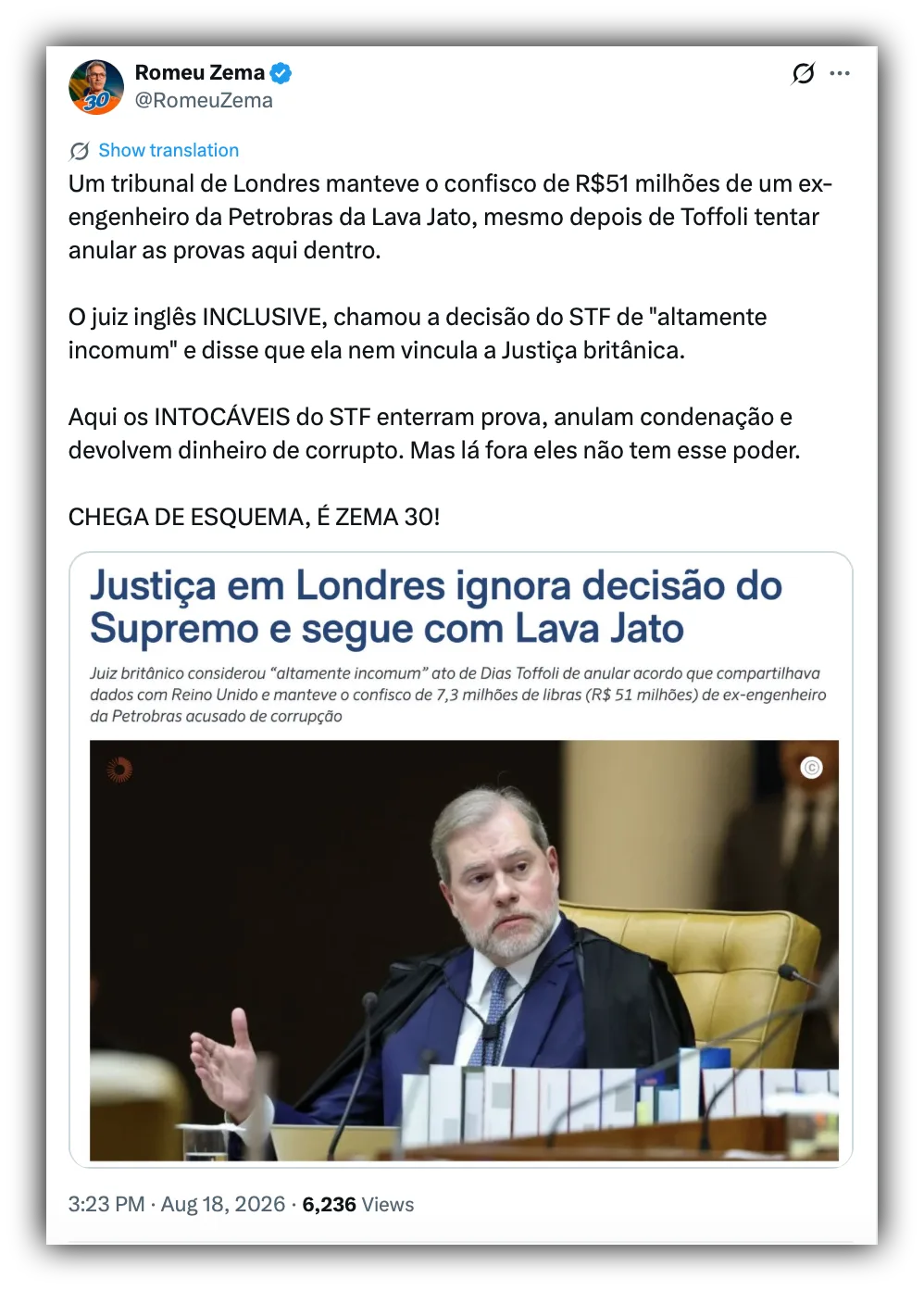 Aqui intocáveis do STF enterram prova, diz Zema sobre decisão britânica