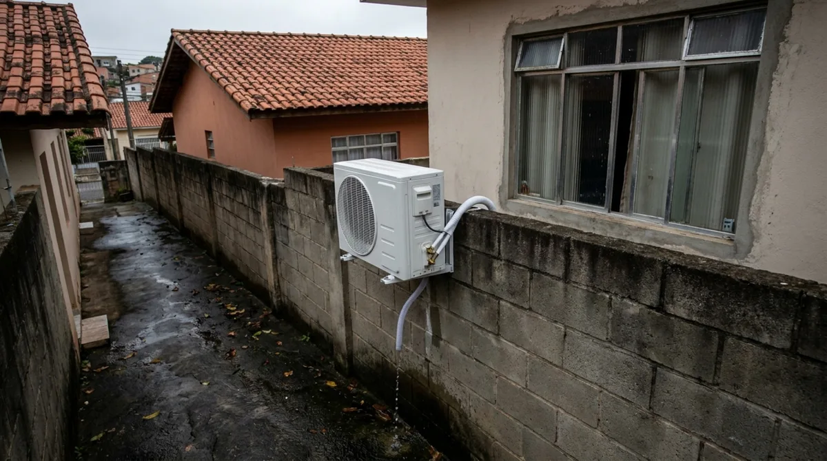 Casal volta de viagem e encontra condensadora de ar-condicionado instalada no muro da divisa, com barulho e água caindo perto da janela
