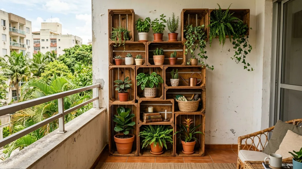 Como eu transformei caixotes de feira em uma estante rústica para organizar a varanda com uma decoração com cara de casa de revista