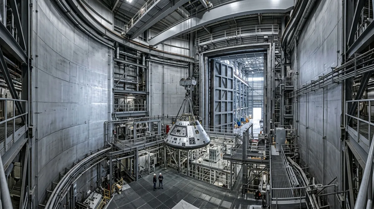 A câmara colossal de 37 metros de altura que remove quase todo o ar de dentro para simular o vazio do espaço