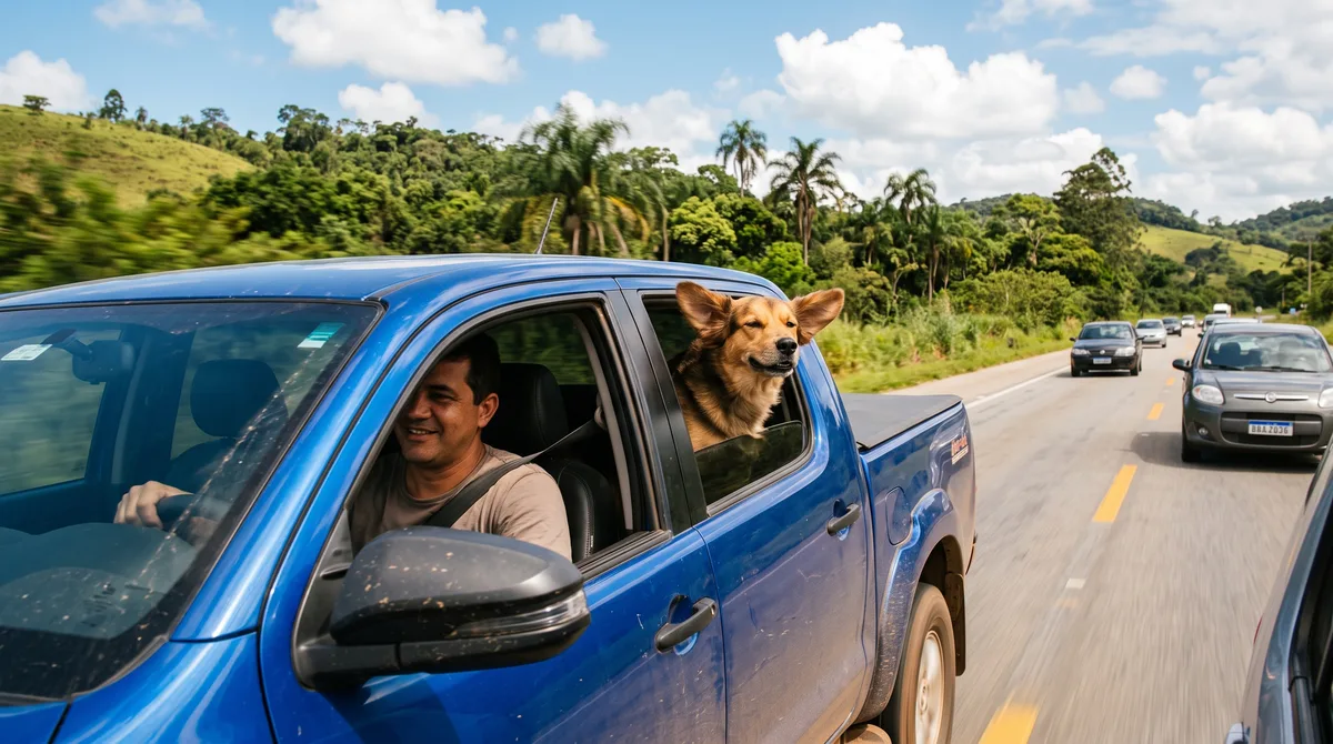 Família leva cachorro solto no banco de trás se divertindo com a cabeça para fora da janela e viagem termina em multa grave ao passar por posto rodoviário