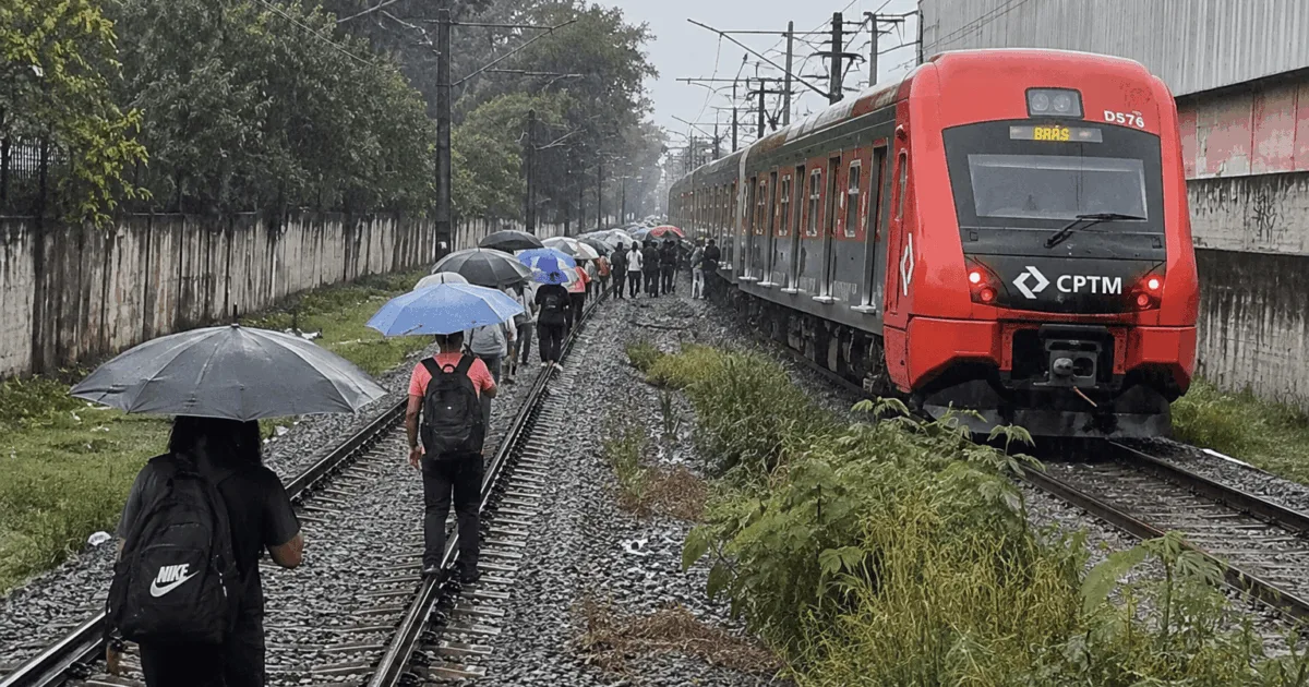 Passageiros caminham pelos trilhos após falha na Linha 12-Safira da CPTM