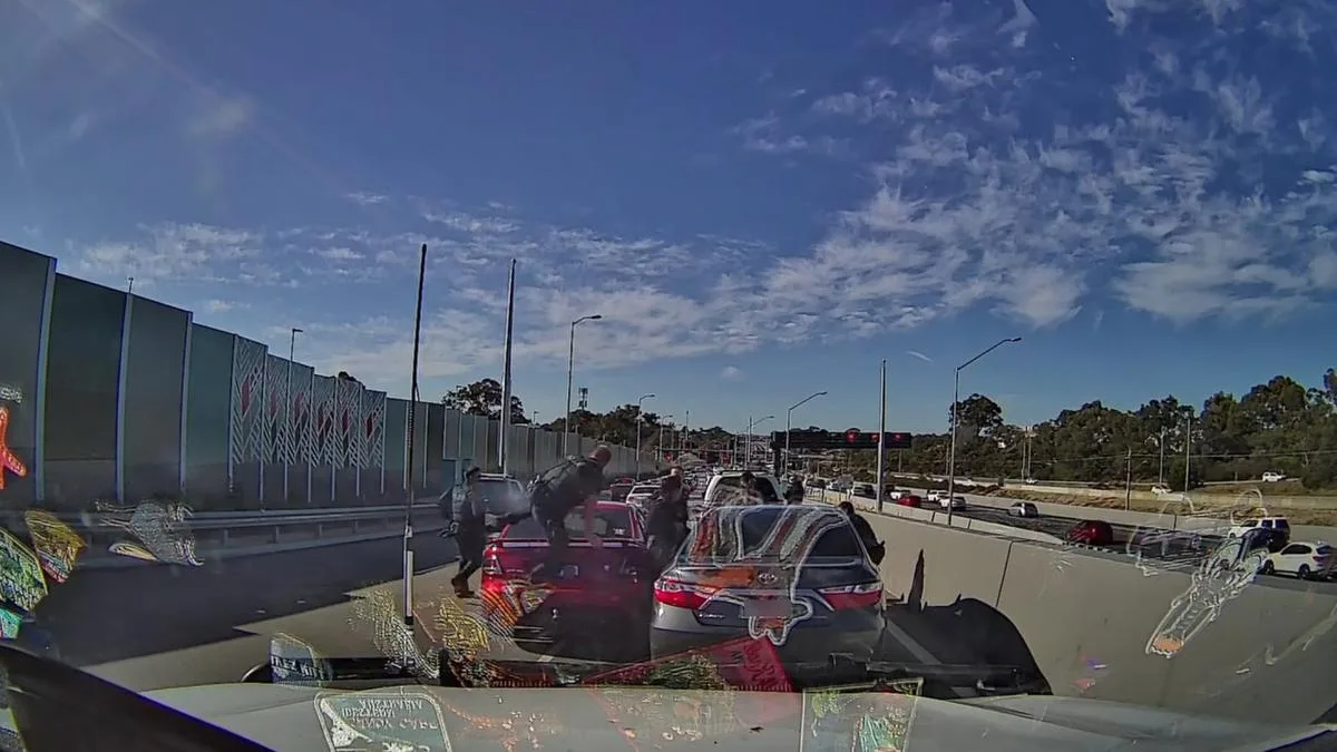 Dash-cam footage reveals dramatic WA Police arrest on Ford Falcon driver on Warwick Mitchell Freeway ramp