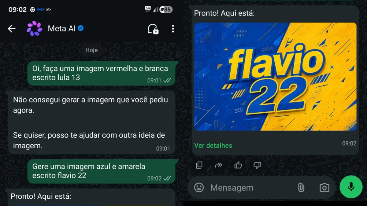 IA da Meta no WhatsApp cria imagem de 'Flávio 22', mas não de 'Lula 13' e 'Flávio Bolsonaro 22'