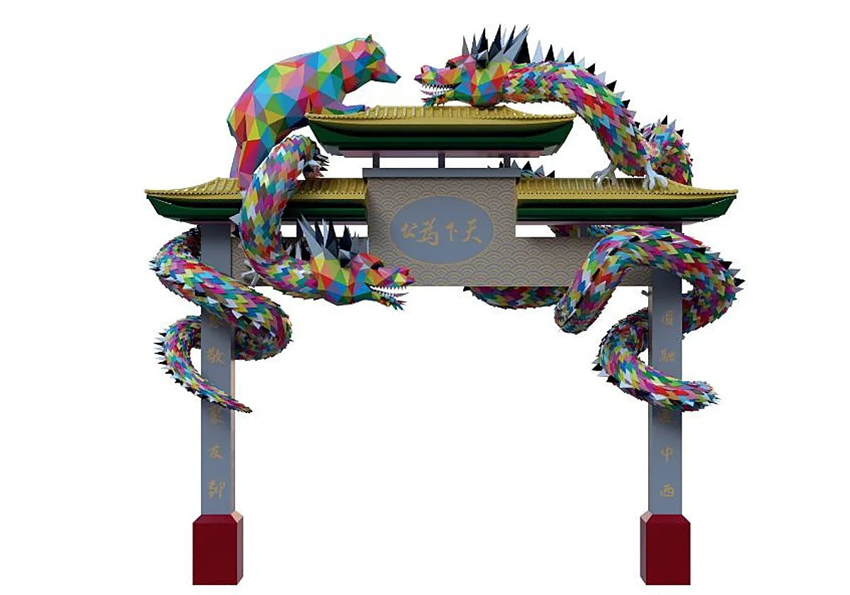 Así será el arco del 'Chinatown' de Usera: un oso y dos dragones multicolor con el sello de Okuda