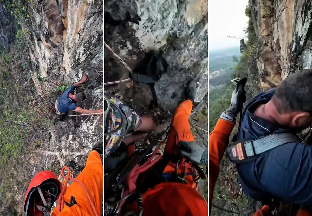Vídeo mostra resgate de turista que escorregou de serra e ficou preso em penhasco no TO ao tentar tirar selfie