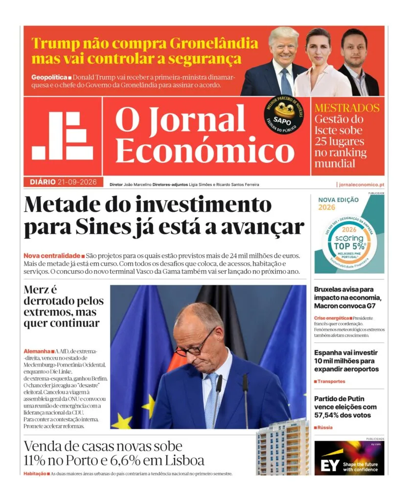 A primeira página do Jornal Económico de 21 de setembro