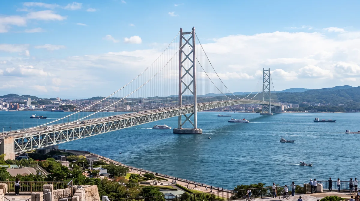 Com quase 4 quilômetros de extensão e cabos que poderiam dar a volta na Terra sete vezes, a mega ponte pênsil foi projetada para sobreviver intacta a ventos de até 286 km/h
