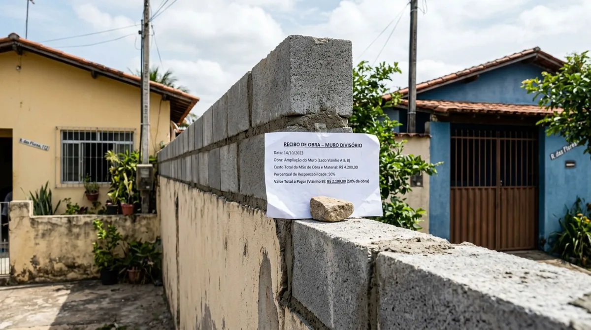 Família passa fim de semana fora, ao voltar, descobre que vizinho aumentou sozinho a altura do muro compartilhado, vizinho cobra por metade da obra feita, alegando que o muro pertence aos dois terrenos e caso vai parar na justiça