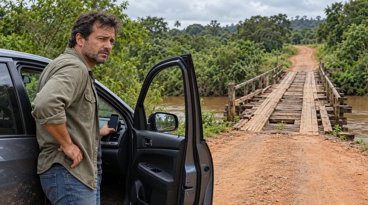 Motorista segue o GPS por uma estrada de terra para fugir do pedágio e descobre que o trajeto termina numa ponte de madeira que não suporta o peso do carro