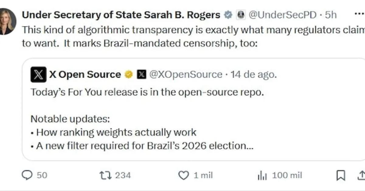 Autoridade do governo Trump acusa Brasil de censura após mudança no algoritmo do X para eleições