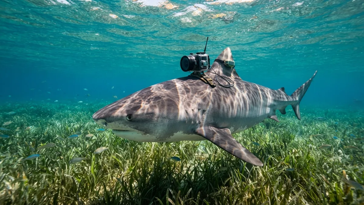 Prenderam câmeras em 7 tubarões-tigre nas Bahamas e eles filmaram 20,6 km do fundo, ajudando a validar 66.990 a 92.524 km² de ervas marinhas porque alcançavam áreas pouco acessíveis a mergulhadores