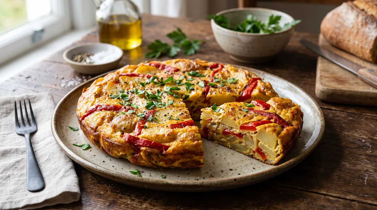 Receta de tortilla de papas con morrón al horno, rápida y fácil