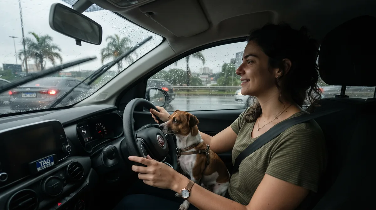 Dona de pet coloca o cãozinho assustado no colo durante temporal, passa por viatura de trânsito e recebe multa mesmo dirigindo devagar