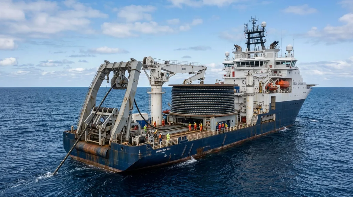 O navio que carrega cabos submarinos e possui uma bobina gigante de 10 mil toneladas que estende a internet no fundo do oceano