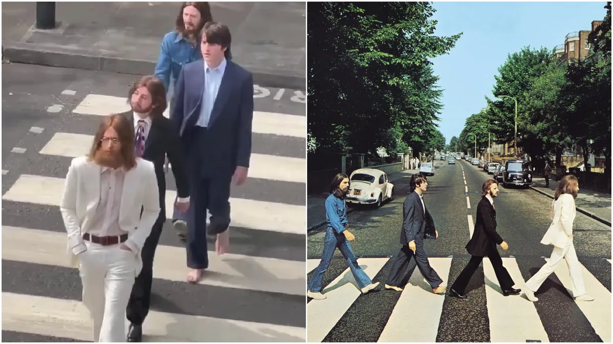 Los actores de la biopic de The Beatles fueron captados recreando la legendaria portada de “Abbey Road” en Londres