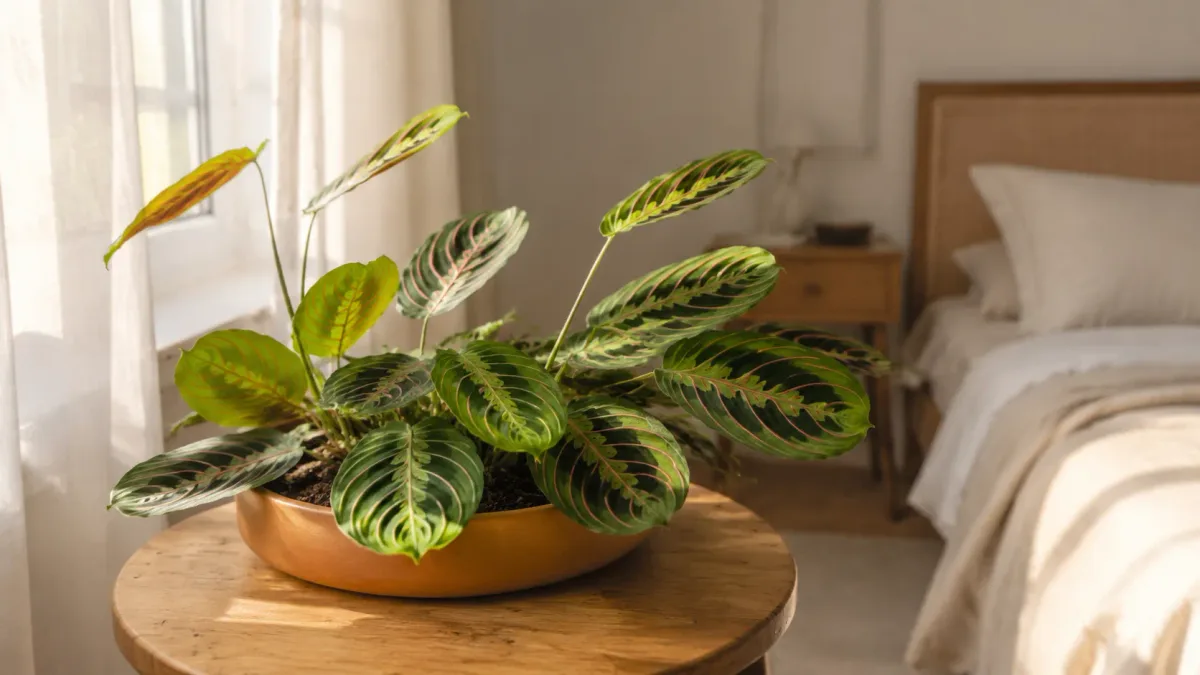 Maranta em vaso baixo no quarto: o movimento das folhas ajuda a entender como a planta responde à luz ao longo do dia